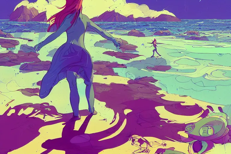 Prompt: a study of cell shaded cartoon of one single girl standing on the beach, facing the ocean, illustration, wide shot from behind, vibrant colors, post grunge, concept art by josan gonzales and wlop, by james jean, Victo ngai, David Rubín, Mike Mignola, Laurie Greasley, highly detailed, sharp focus, alien, Trending on Artstation, HQ, deviantart, art by artgem