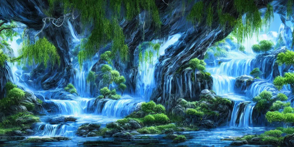 Image similar to Ancient chinese background on mountain with waterfalls, willow trees, arch bridges. Blue and cool background. Realistic paint, specular light, high contrast, highly detailed, 4k, shallow depth of field, cinematic light, concept art, artstation