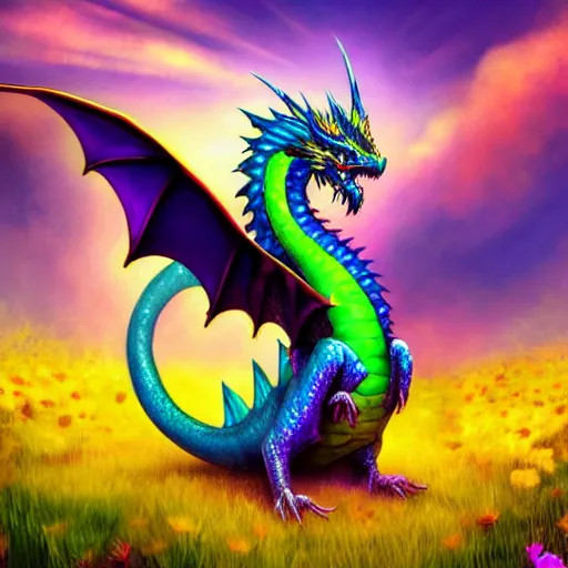 Image similar to rainbow dragon sits on a large pile of gold and gems in a field of daisies, blue clear sky, neon color, highly detailed, digital painting, artstation, concept art, matte, sharp focus, impressionnisme