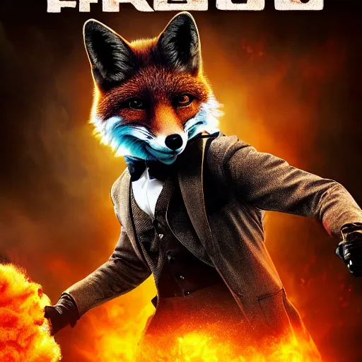 Image similar to hdr quality poster for an action movie called “ fox frigate ”, fearing cool looking anthropomorphic male fox in suit, stealing lots of fried chicken, promotional media