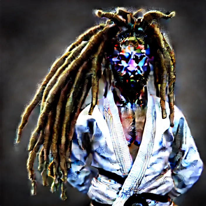 Image similar to hyperrealistic mixed media portrait of an overweightblack man with dreads wearing a gi, doing karate form on a mat, martial arts, 8 k octane beautifully detailed render, post - processing, extremely hyperdetailed, trending on artstation