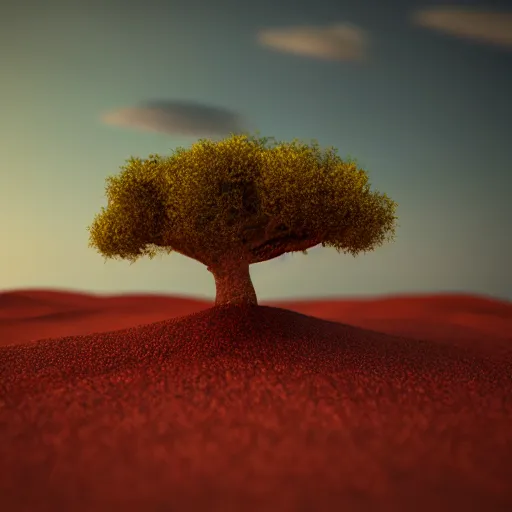 Image similar to Red sand desert,tree,cloudy,windy,dusk,cinematic composition,cinematic lighting,photo real,hyper realistic,highly detailed,8k render