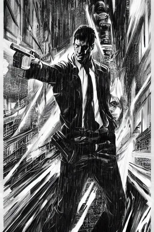 Prompt: a full body shot of Rick Dekcard from Blade Runner pointing with his gun, by Tite Kubo, black hair, worn pants, highly detailed, artstation, manga