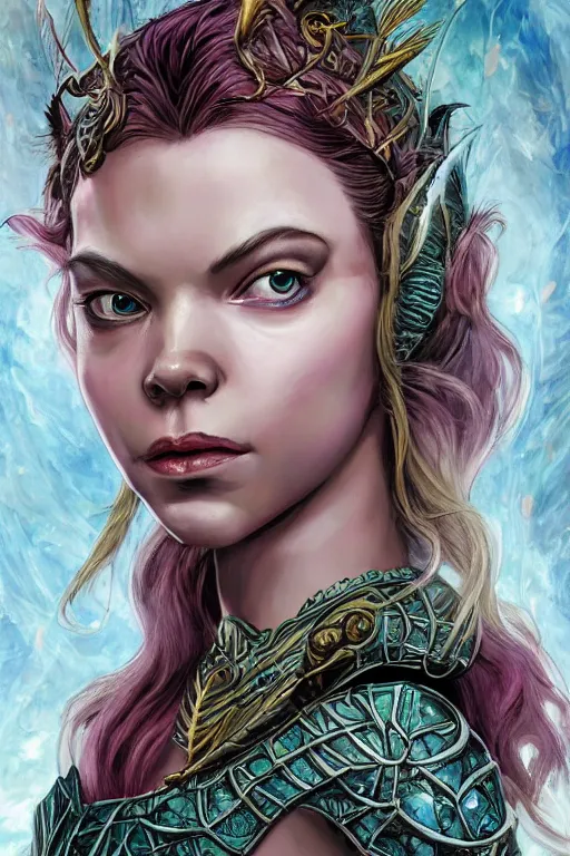 Image similar to A fantasy comic book style portrait painting of Cory Chase, hybrid, Anya Taylor-Joy, as an Atlantean Reptilian Warrior, François Boucher, Oil Painting, Mystical, Modest, Valkyrie, wearing intricately designed, jewel inlaid Armor, unreal 5, DAZ, hyperrealistic, octane render, Regal, Refined, Detailed Digital Art, RPG portrait, William-Adolphe Bouguereau, Michael Cheval, Walt Disney (1937), Steampunk, dynamic lighting, Highly Detailed, Cinematic Lighting, Unreal Engine, 8k, HD