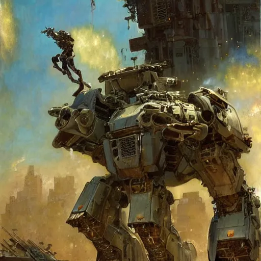 Prompt: six meters tall mech fighting in an urban environment, epic action scene, by gaston bussiere craig mullins jc leyendecker gustav klimt artgerm greg rutkowski john berkey, bergey, craig mullins, ruan jia, raymond swanland, jeremy mann, tom lovell, alex malveda, ray casting, hdr