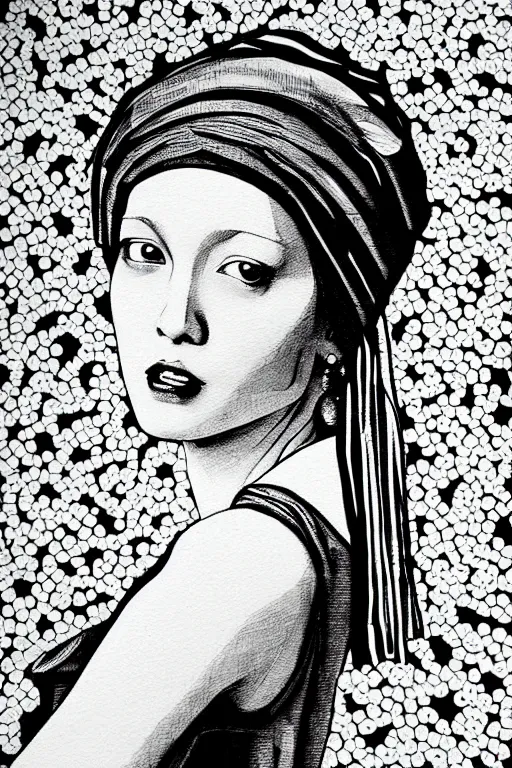 Image similar to beautiful portrait of a woman, negative no not the girl with a pearl earring, highly detailed ink illustration of a narrow neon lit tokyo alley, b & w clean shaped illustration by kim jung gi, ric estrada, ron english and eiichiro oda