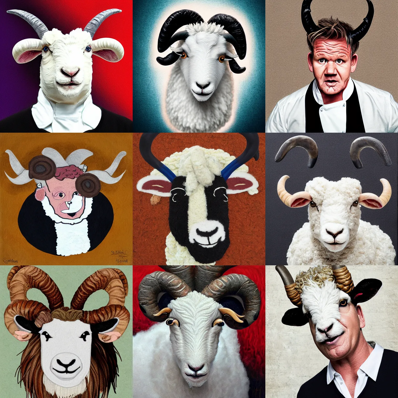 Prompt: portrait of gordon ramsay as a ram sheep with horns and wool