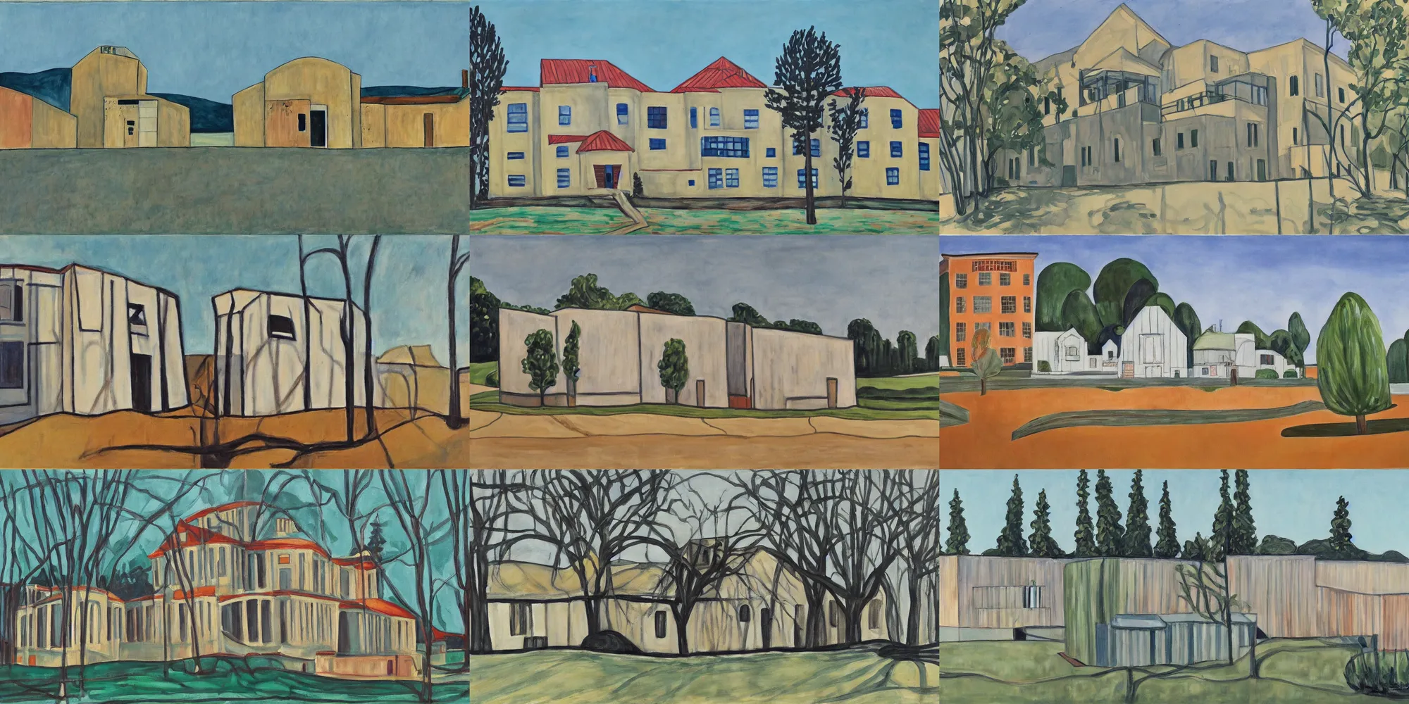 Prompt: a beautiful painting of a building in a serene landscape by Alice Neel