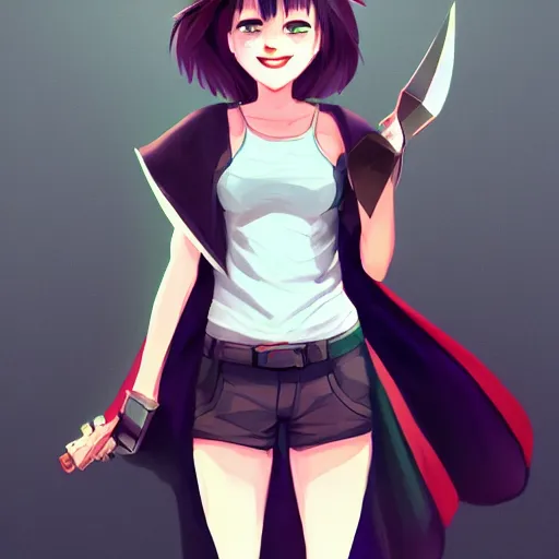 Image similar to { APPEAR(heroic build + sharp fangs + smug smile + short black hair) WEAR(cape + white tanktop + cargo pants) FEATURED(ArtStation) }