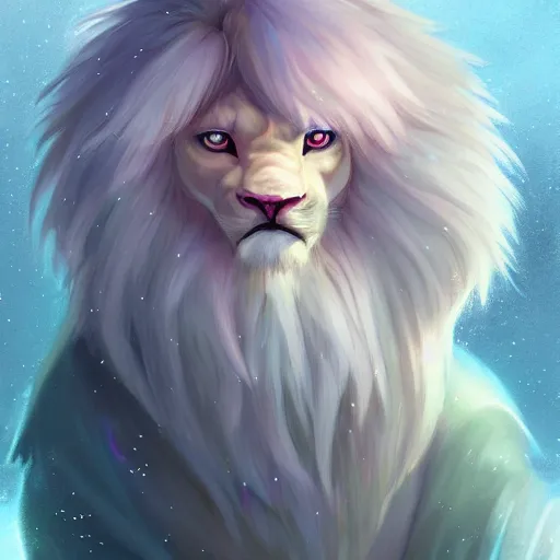 Image similar to aesthetic portrait commission of a albino male furry anthro lion surrounded by soft pastel rainbows while wearing a soft wizard outfit, winter Atmosphere. Character design by charlie bowater, ross tran, artgerm, and makoto shinkai, detailed, inked, western comic book art, 2021 award winning painting