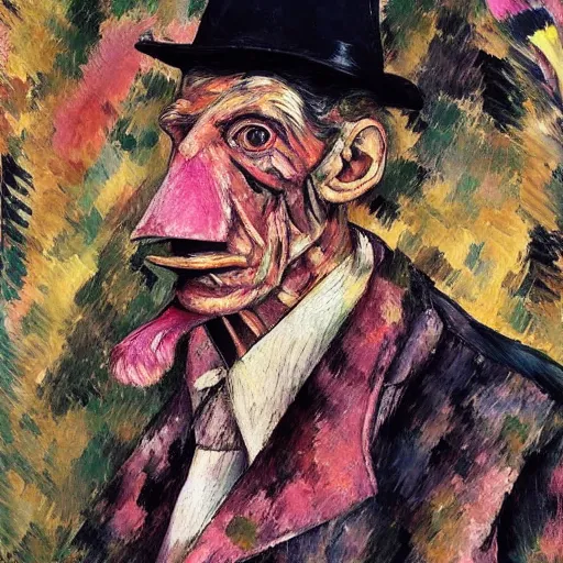 Image similar to shredded physique feathered tall neck beak Portrait of Samuel Beckett camouflaged as Flamingo whilst wearing a pink tuxedo Standing atop a Garbage Truck Greg Rutkowski Lucian Freud Paul Cezanne antonio donghi Jamie Wyeth