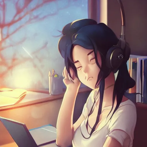 Image similar to attractive!!!!!!!!! girl!!!!!!!!!!!!!, hair in messy bun, wearing headphones, studying at desk, bedroom setting, golden hour, digital art, art by rossdraws, artgerm, anime scenery by Makoto Shinkai