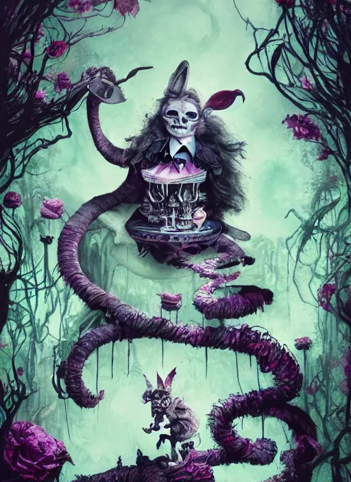 Image similar to Alice attends Mad Tea Party, Cheshire Cat, Mad hatter,highly detailed,half skull face,cinematic,8k,by Stanley Artgermm,Tom Bagshaw,Greg Rutkowski,Carne Griffiths, Ayami Kojima, Beksinski, Giger,trending on DeviantArt,hyper detailed,horror, full of colour