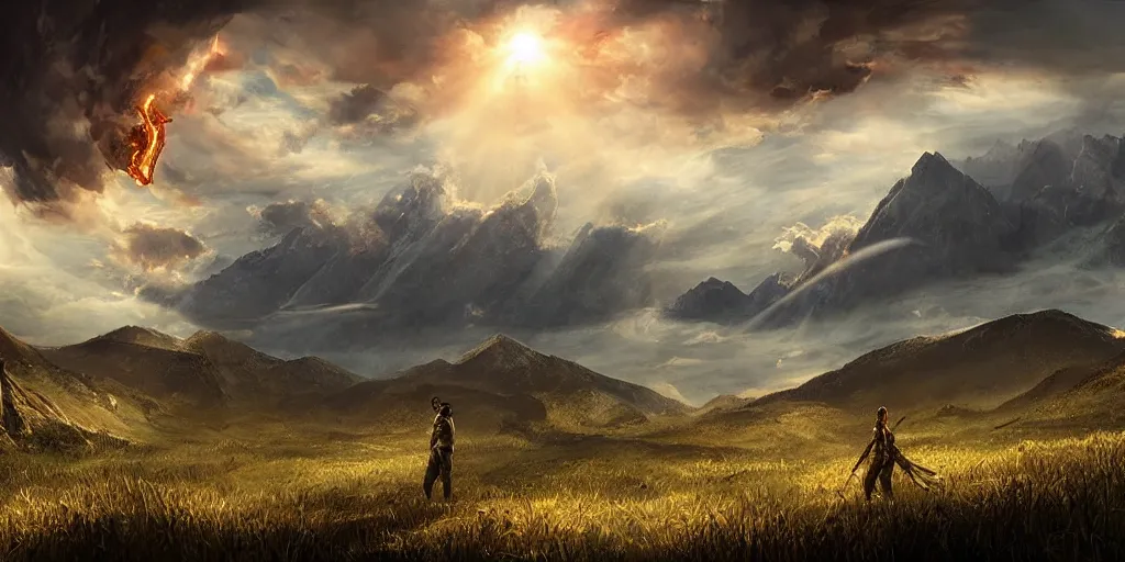 Image similar to a cinematic landscape view looking at an open field with a dragon flying above breathing fire onto the field, mountains in the distance, the sun shines through the parted clouds, digital painting, fantasy, art by alexandre mahboubi and christophe oliver