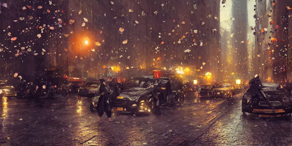 Image similar to raining flower petals in manhattan, dim volumetric lighting, 8 k octane render, hdr, postprocessing, hyperdetailed, intricate, epic composition, cinematic lighting, masterpiece, trending on artstation, stunning art by anders zorn, extraordinary artwork by greg rutkowski