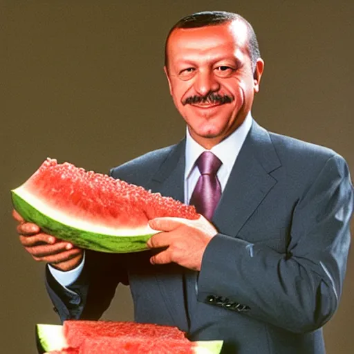 Image similar to recep tayyip erdogan smiling holding watermelon for a 1 9 9 0 s sitcom tv show, studio photograph