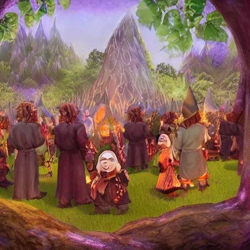 Image similar to a beatiful dwarven festival in a fertile green park with surreal elven nature, lots of gnome children, a gnome rock band concert and dwarven BBQ