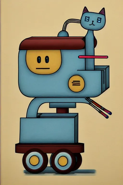 Image similar to ( ( ( ( ( ( ( a robot cat riding a cyber wagon ) ) ) ) ) ) ) by chris mcgrath!!!!!!!!!!!!!! muted colors, detailed