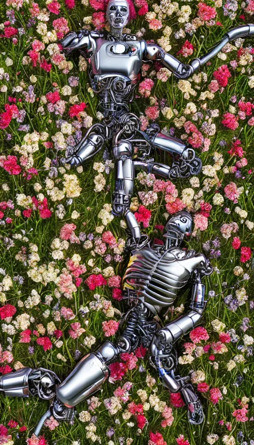 Prompt: photo of destroyed realistic terminator lying in a field of flowers, twisted, chrome, reflections, anthropomorphic, photorealism, smoke, 8 k, wires, smooth, sharp focus, top view, extremely detailed, hyperrealism, elegant, establishing shot, by jeff koons, artgerm and greg rutkowski