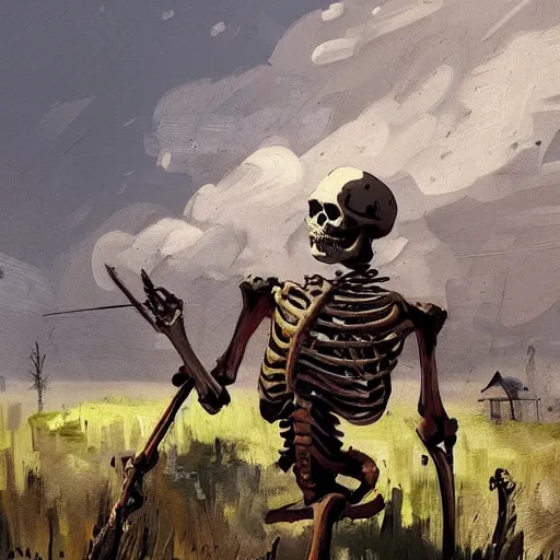 Prompt: a painting of a giant skeleton on a farm leaning against a barn with a spear through its rib cage, concept art by ismail inceoglu, trending on artstation, environmental art, apocalypse art, 2 d game art, concept art. detailed. masterpiece