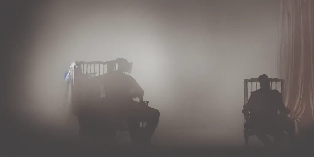 Image similar to photo style of nick fancher, portrait of silhouette of big black man sitting on throne, hazy foggy background and floor made of big curtains