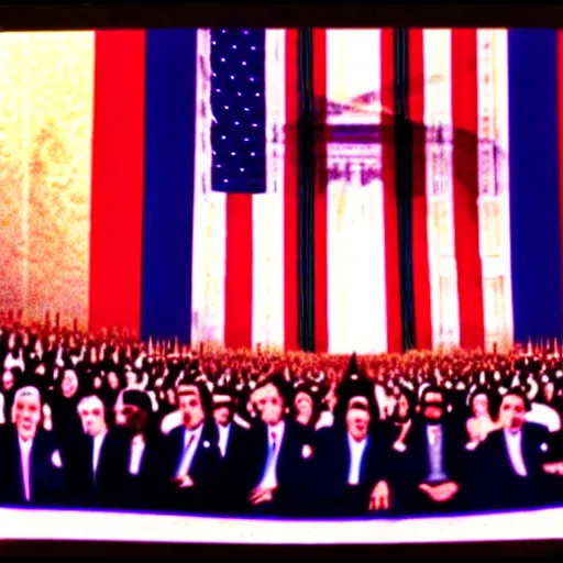 Image similar to vhs static overlay of kanye west inauguration, vhs, 1 9 9 0, highly realistic, highly detailed, vhs noise static, black and white, vhs glitch