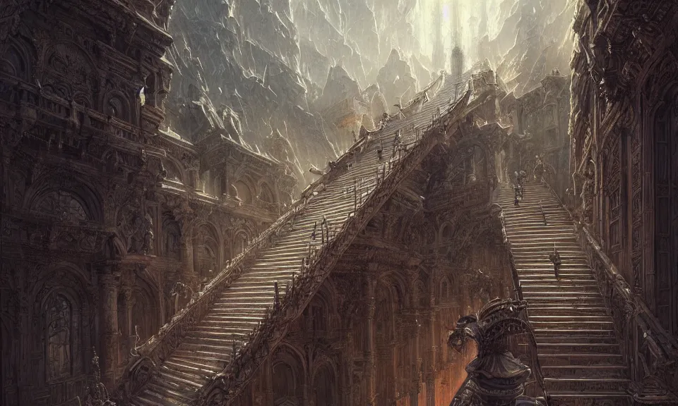 Prompt: stairs from hell to heaven, intricate detail, intricate, epic, vast, digital painting by greg rutkowski, artstation, very detailed, cinematic lighting, concept art