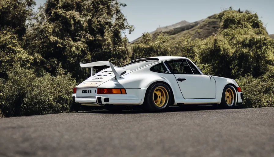 Image similar to photograph, PORSCHE RSR, IROC, Peter Singhof, press release, cinematic, malibu canyon, 8k, depth of field, bokeh. rule of thirds,