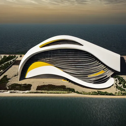 Image similar to architecture ad for a mid-century modern house on the beach, designed by Zaha Hadid. Shell. Aerial view. Film grain, cinematic, colorized, yellow hue