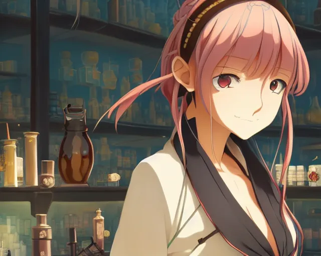 Image similar to anime visual, portrait of a young female traveler in a alchemist's potion shop interior, cute face by katsura masakazu and yoh yoshinari,, cinematic luts, cold studio lighting, dynamic pose, dynamic perspective, strong silhouette, anime cels, ilya kuvshinov, cel shaded, crisp and sharp, rounded eyes, moody