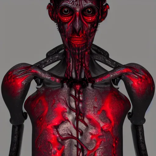 Image similar to octane render of a body horror humanoid, sharp dark shadows, black and red color palette by trevor henderson and junji ito