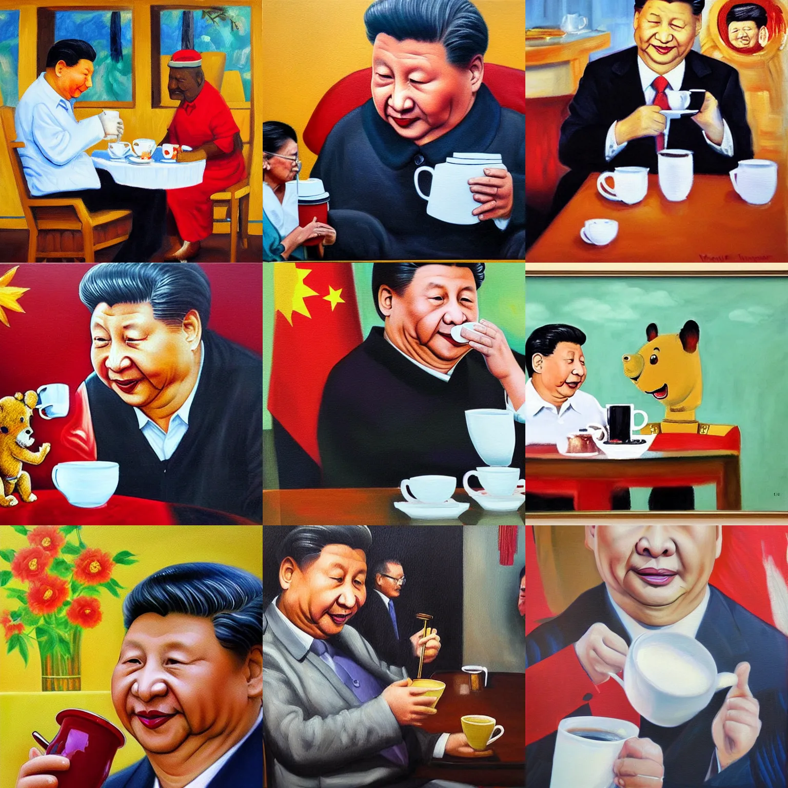 Prompt: Xi Jinping drinking a coffee with winnie puuh, oil painting