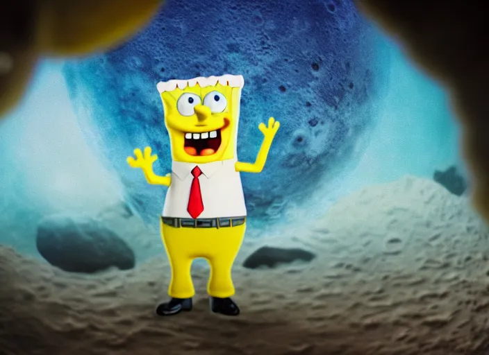 Image similar to spongebob squarepants on the surface of the moon, 8 k, bright ambient lighting key light, 8 5 mm f 1. 8