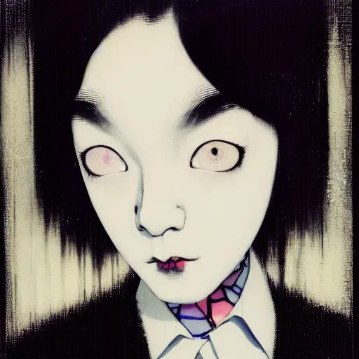 Image similar to yoshitaka amano blurred and dreamy minimalistic three quarter angle portrait of a young woman with black lipstick and black eyes wearing dress suit with tie looking up and to the side, junji ito abstract patterns in the background, satoshi kon anime, noisy film grain effect, highly detailed, renaissance oil painting, weird portrait angle, blurred lost edges