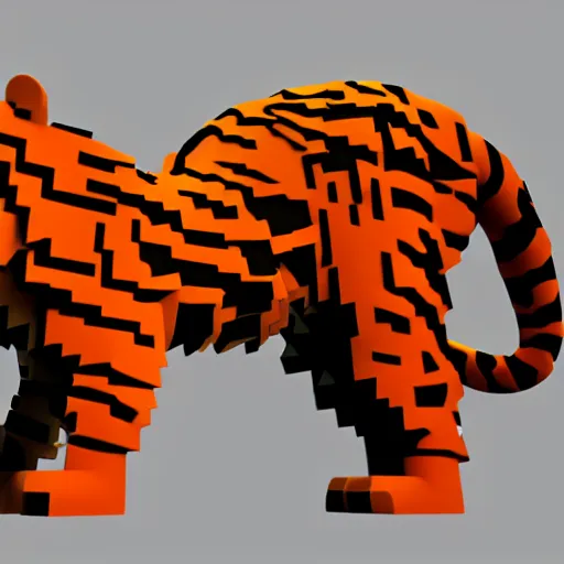 Prompt: voxel art of a creepy tiger, orthographic, colorful, 4k, blender render