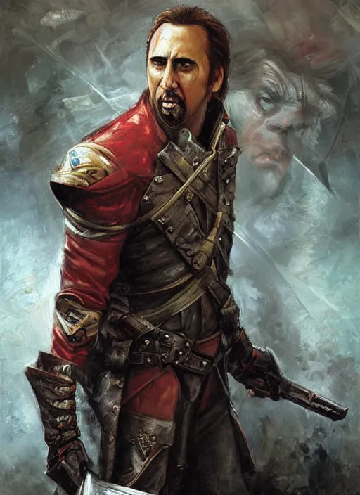 Image similar to nicholas cage as a ranger painted by raymond swanland