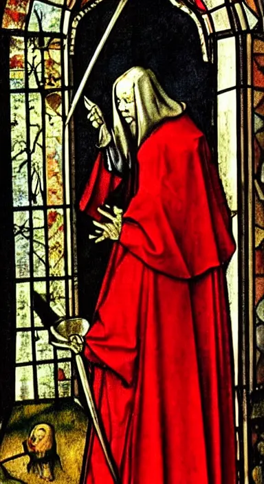Prompt: Regal portrait of the Devil in red doublet, stunning stained glass window by Hieronymus Bosch. It is very representative of the style of Bosch