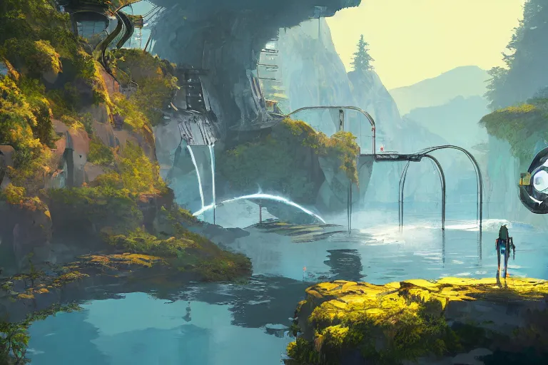 Prompt: A hydroelectric sanctuary with mechanical paths winding down a cliffside, portal 2 screenshot, outer wilds screenshot, satisfactory screenshot, digital art, artstationhq, by Jordan Grimmer and Victor Mosquera