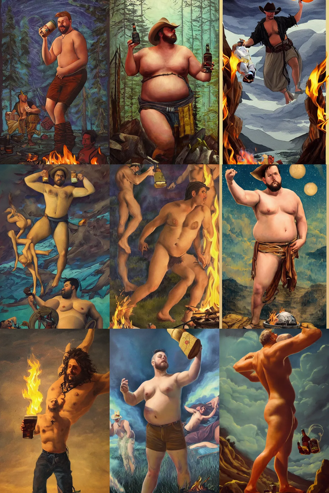 Prompt: a dramatic, epic, ethereal painting of a handsome thicc shirtless cowboy beer belly | background is a late night campfire with food and jugs of whisky | tarot!! card, art deco, art nouveau | by Mark Maggiori | trending on artstation