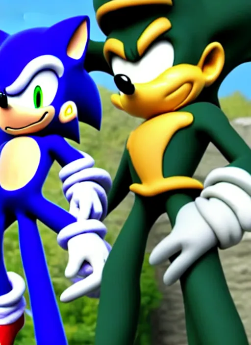 Image similar to sonic the hedgehog and jotaro kujo from jojo's bizarre adventure hanging out, photorealistic