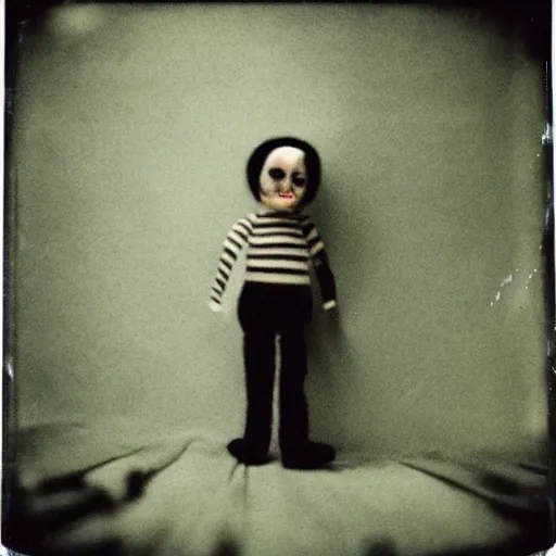 Prompt: aged polaroid photo of a scary doll in empty room, gloomy, grainy