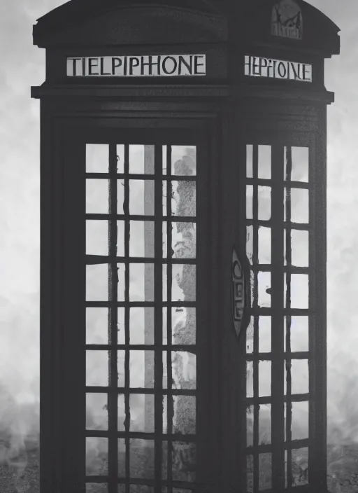 Image similar to a telephone booth on fire, weird, haunted, misty, dark and evil, demonic, sinister, ambient lighting, 8 k render, hyperrealistic, photo realistic