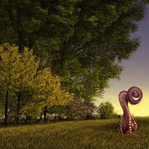 Prompt: realistic octopus in a field. france, dordogne, hills, ultra high,, detail, 8 k, sunset, flowers, trees, river, hills, octane render.