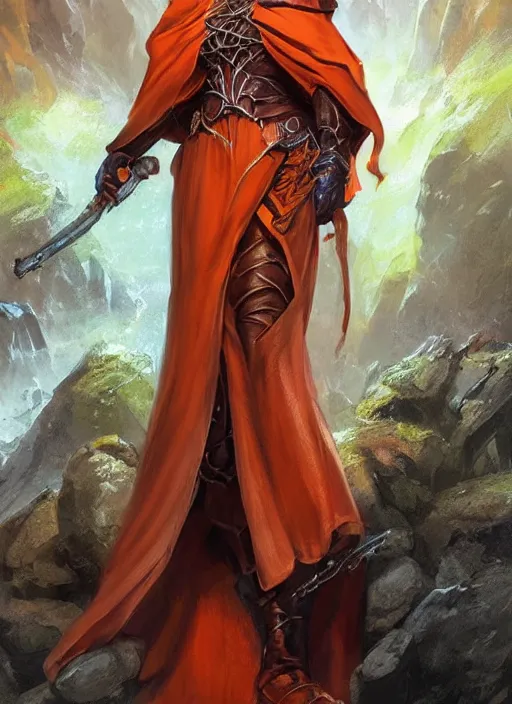 Image similar to dark orange cloak female priest, ultra detailed fantasy, dndbeyond, bright, colourful, realistic, dnd character portrait, full body, pathfinder, pinterest, art by ralph horsley, dnd, rpg, lotr game design fanart by concept art, behance hd, artstation, deviantart, hdr render in unreal engine 5