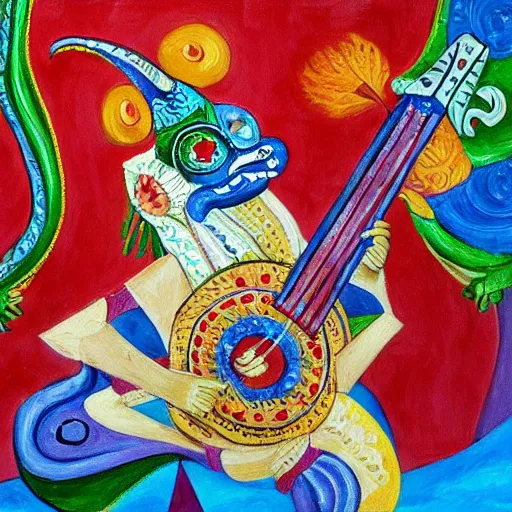 Prompt: russian dragon playing balalika guitar, childrens painting ,