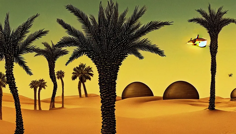 Prompt: an arabian desert village during an alien invasion at night, a big flying saucer ufo in the sky, dunes, oasis, palm trees, an arab standing watching over, artwork by adams, arthur