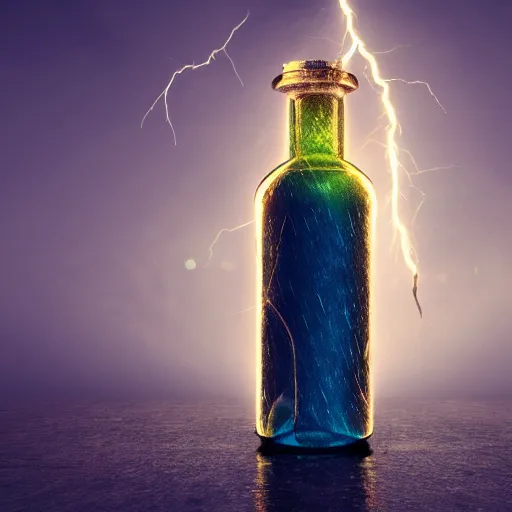 Prompt: digital realistic of Lightening in a bottle, cosmic energy, trending artstation 4k