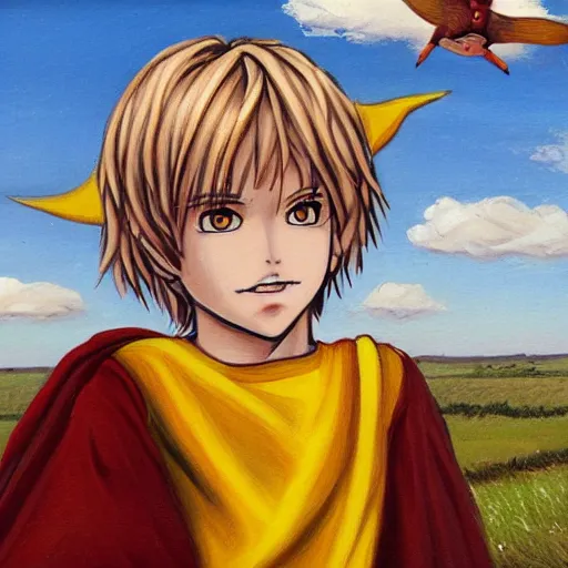 Prompt: blonde boy with yellow eyes, wearing a brown cape, flying above countryside in a t pose, manga style, oil painting