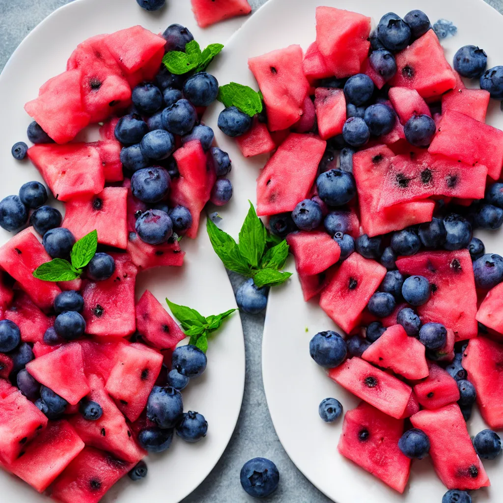 Image similar to blueberry watermelon hybrid on a plate, hyper real, food photography, high quality