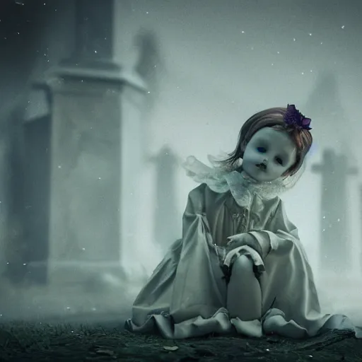 Image similar to an ethereal child's doll wearing victorian clothing and a sinister expression, sitting on a headstone in a cemetery, plague, fireflies, octane render, hypperreal, moody, cinematic composition, cinematic lighting, eerie, gothic, 8 k, hyper details, unreal engine, octane render